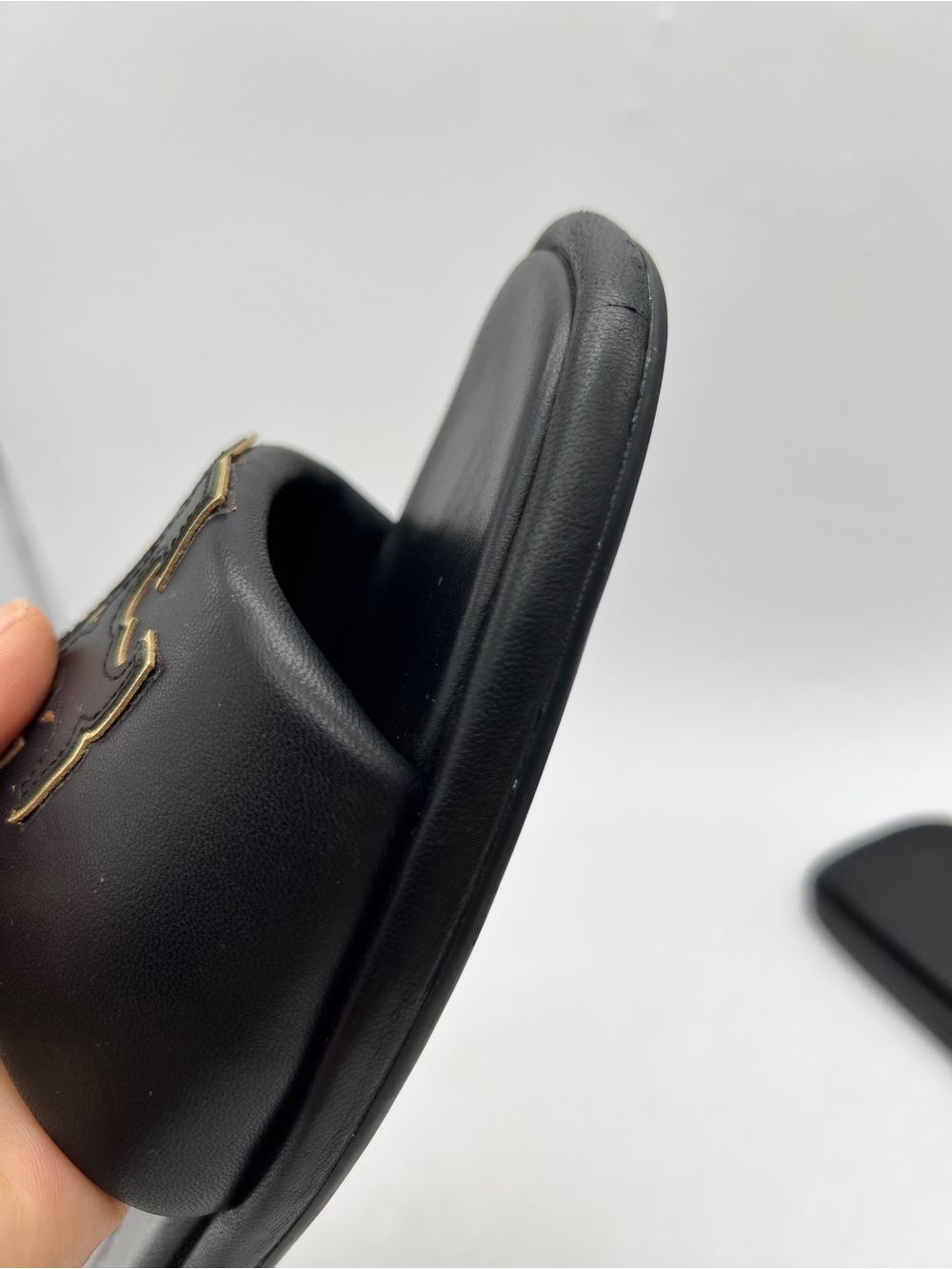 Tory Burch Double T Sport Slide Black Gold Leather Sandals Size 11 - Picture 8 of 15